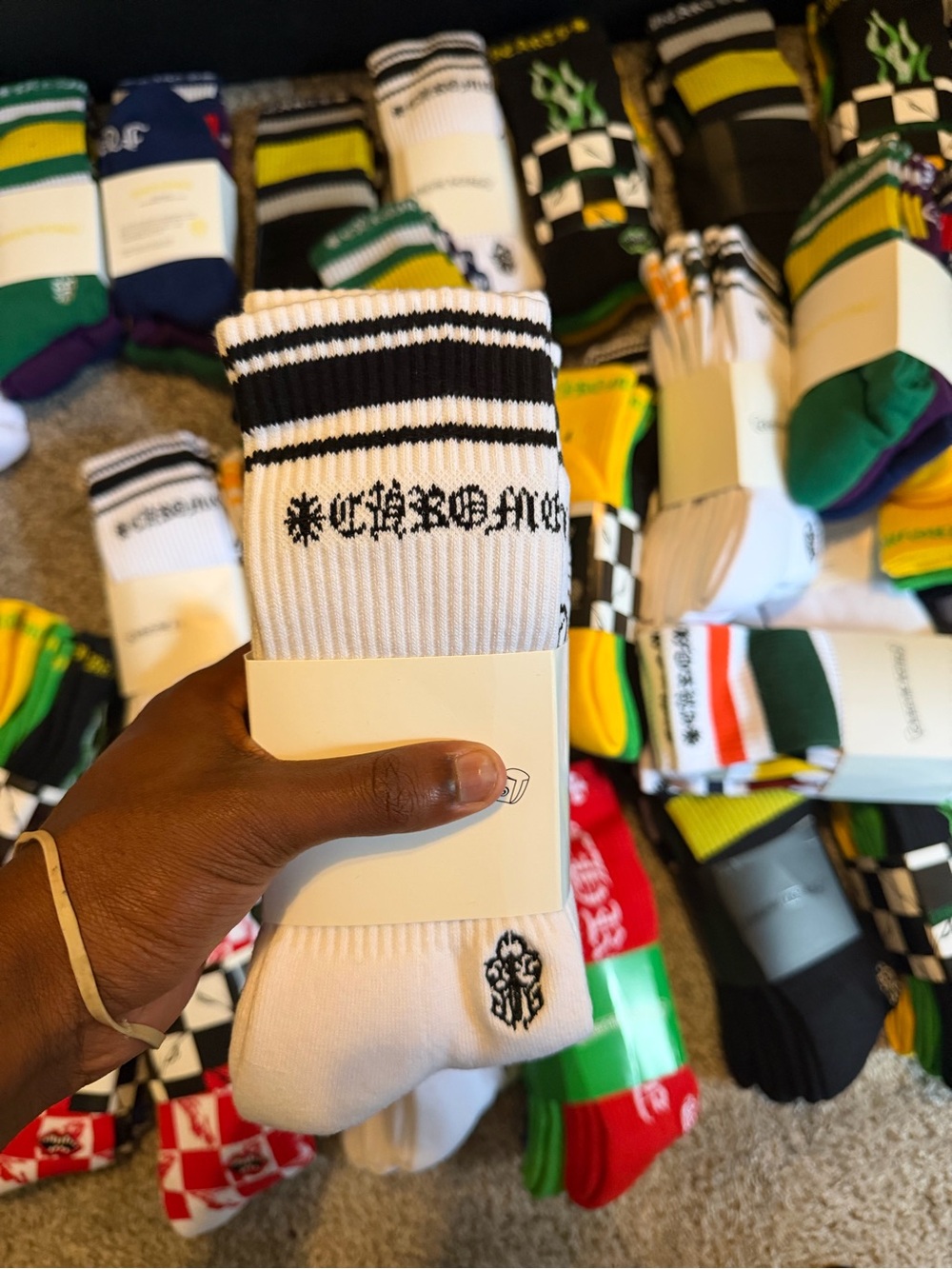 Chrome Hearts White Athletic Crew Socks with Black Stripe & Logo